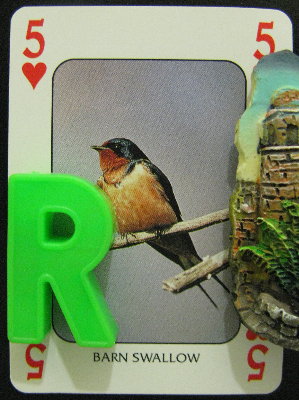 Five of Hearts featuring a Barn Swallow, with the letter R and a castle turret