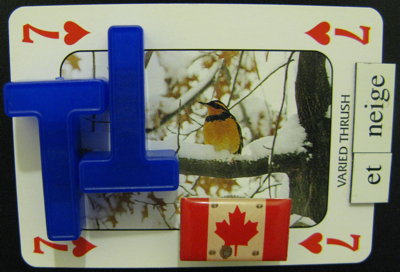 A seven of hearts featuring varied thrush sitting on a snow-laden branch