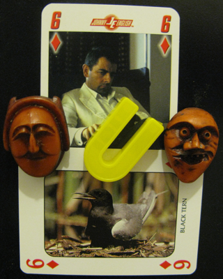 A six of diamonds featuring a sour-looking man sitting in an armchair, possibly clutching a crooked U magnet which is between angelic face and mad face magnets, above another six of diamonds featuring a black tern