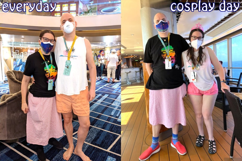 Two photos side by side. The left one is labelled 'everyday' and shows me wearing a pink gingham skirt, a black T-shirt with a picture of Steve Wozniak in the rainbow Apple logo colours, an Apple logo necklace, and a blue custom mask, while Joey is wearing peach-coloured board shorts, a white T-shirt showing palm trees in a sunset, and a white mask. The right photo is labelled 'cosplay day' and has Joey wearing the pink skirt, the Steve Wozniak T-shirt in a larger size, the necklace, and the blue mask, and me wearing pink board shorts, the white palm tree shirt, and a white mask.