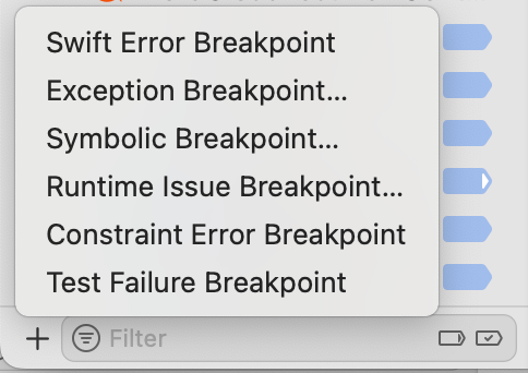 The menu from the 'Create a Breakpoint' button