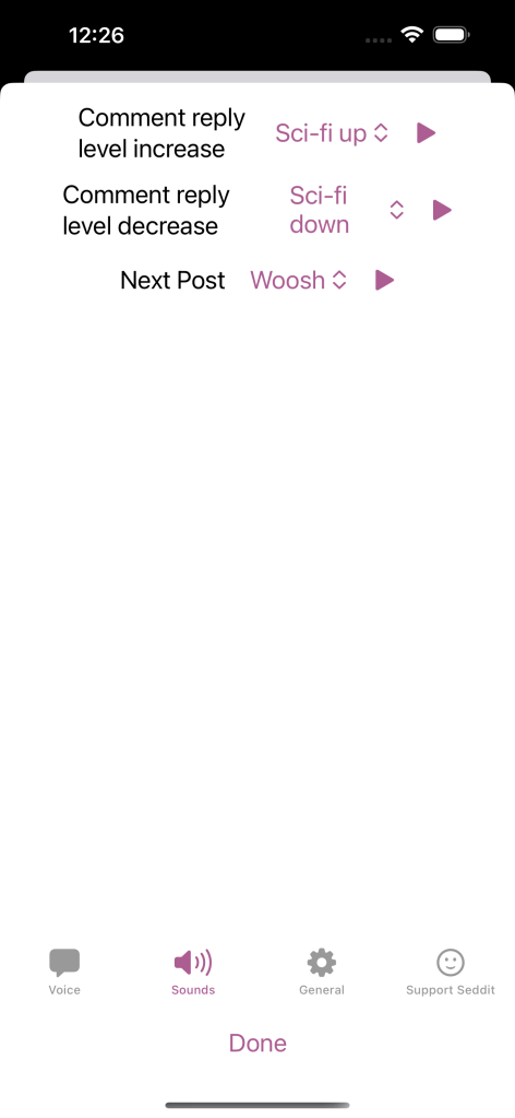 Sounds Settings screen on iOS showing 'Sci-fi up' selected for comment reply level increase, 'Sci-fi down' for 'Comment reply level decrease' and 'Woosh' selected for Next Post.