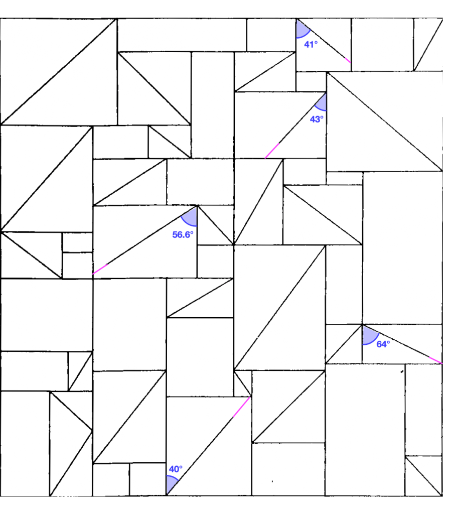 The same tile shown above, but with each partial diagonal lines continued to meet the other side of its rectangle, and the angles drawn in as 41°, 43°, 56.6°, 64°, and 40°.