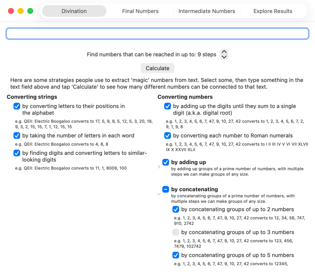The 'Divination' tab for Arithmancy Pants on macOS, with checkboxes and examples for all the different strategies it could use to find numbers