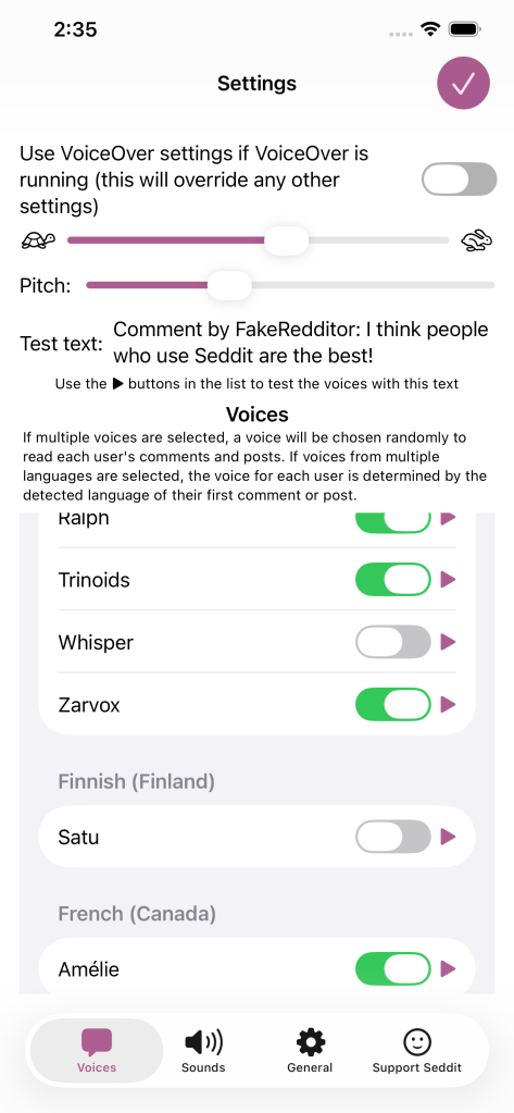 The Voices tab on the new Settings screen in Seddit for iOS, showing some US English voices and a Canadian French voice selected.